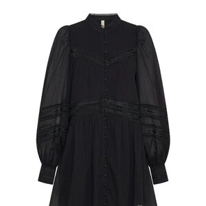 Kivari Black Lace-Trim Long Sleeve Midi Dress with Puff Sleeves